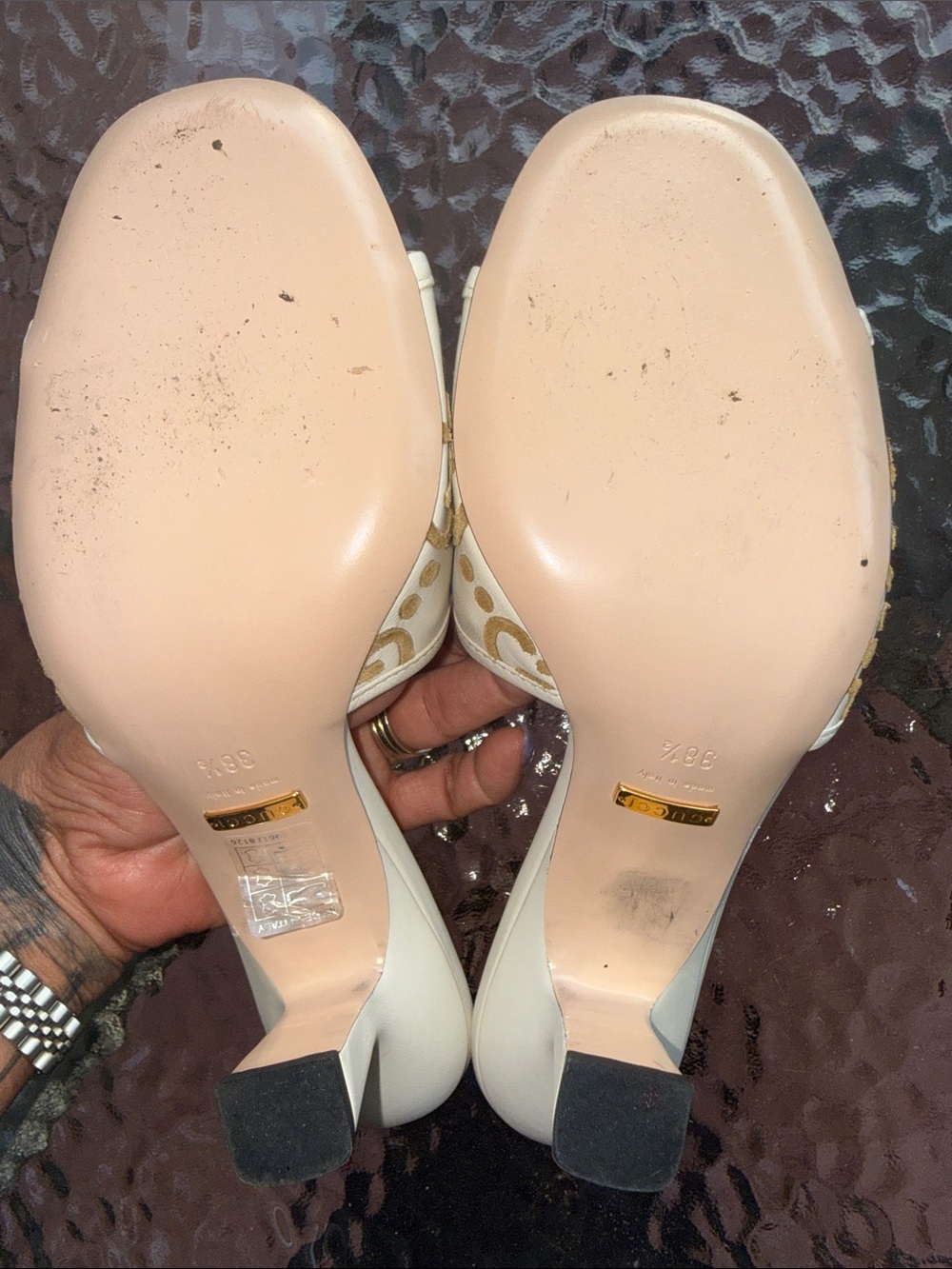Gucci Cream Leather Slide Mules with Gold Logo Pattern - Picture 7 of 16